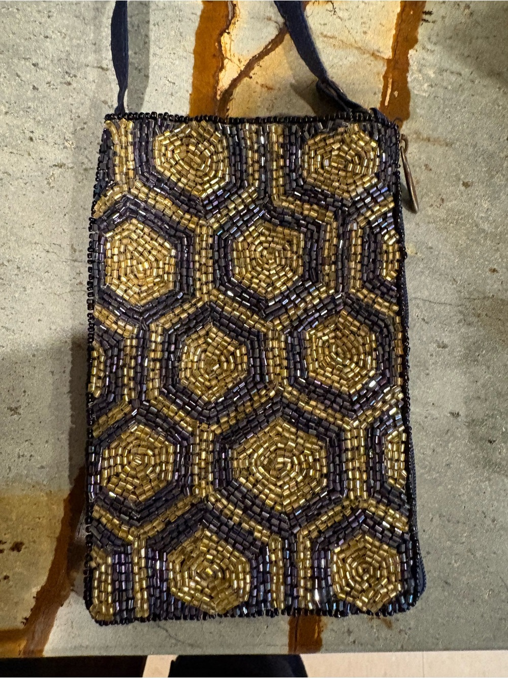 Bamboo Trading Beaded Hexagon Pattern Crossbody Pouch - Gold & Navy Iridescent